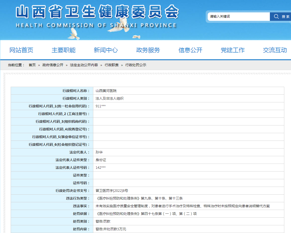 山西黄河医院因违规开展医疗行为被山西省卫健委处罚